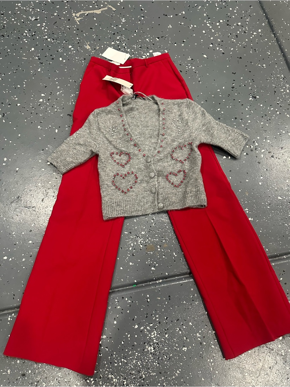 Zara Red Wide-Leg Pants with Gray Embellished Cardigan